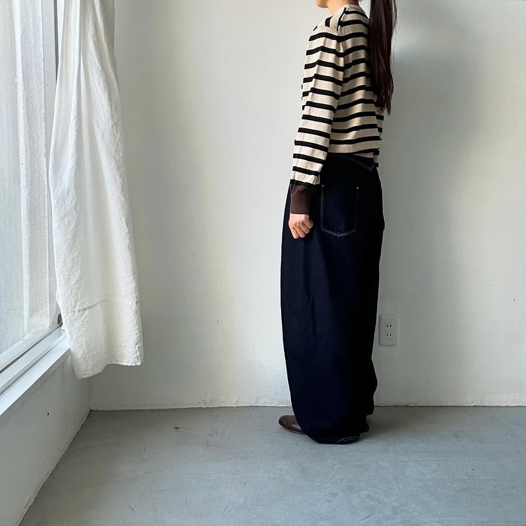atelier naruse ウールコットンボーダーニット ベージュ×ブラウン
