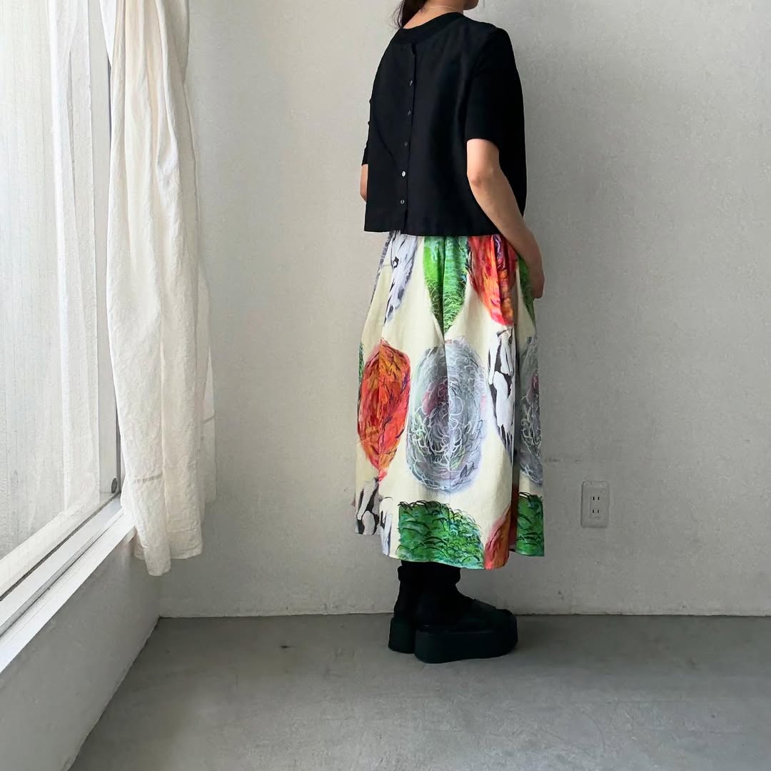 ayanoguchiaya アートワークプリントタックワイドスカート