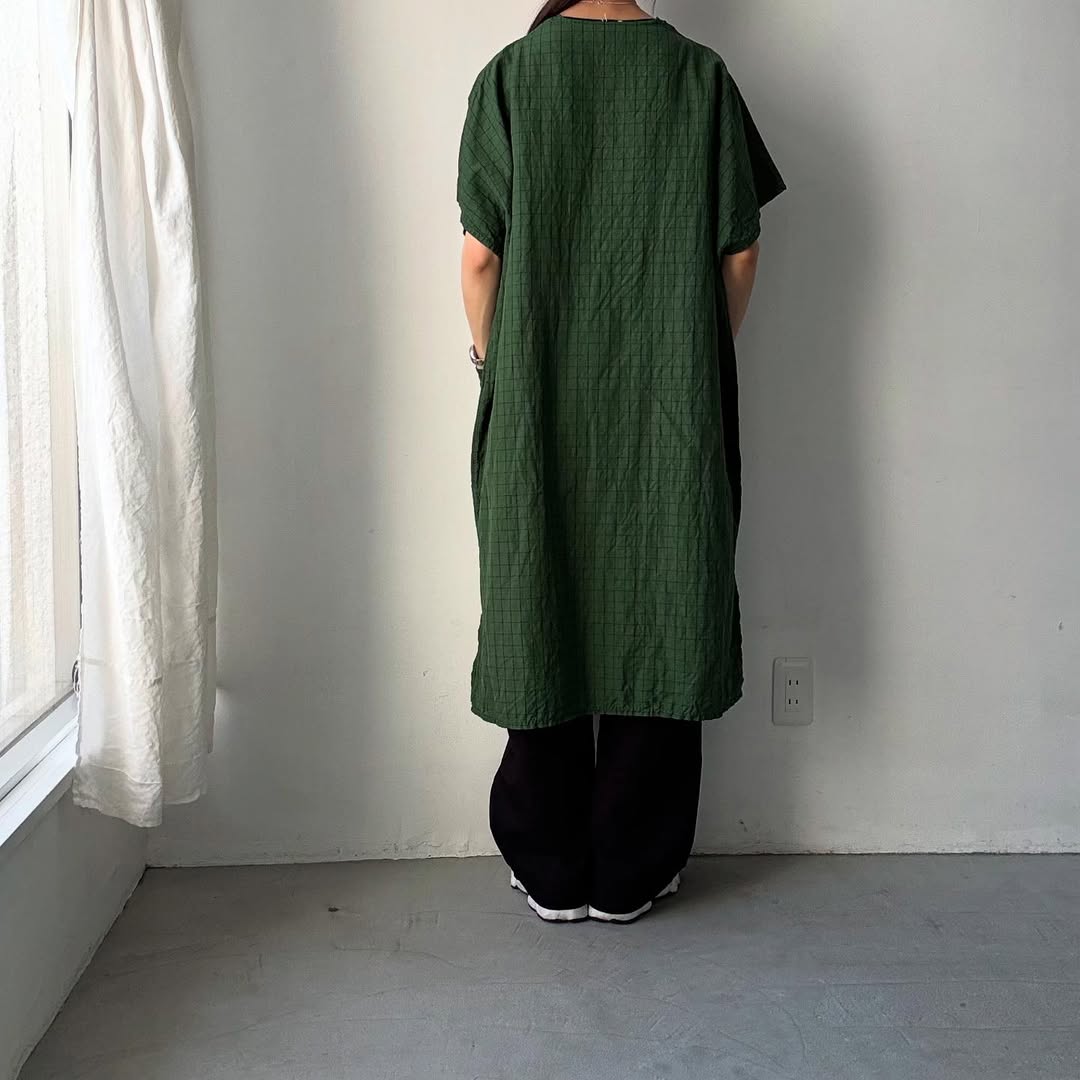 homspun コットンリネンチェックワンピース グリーンチェック