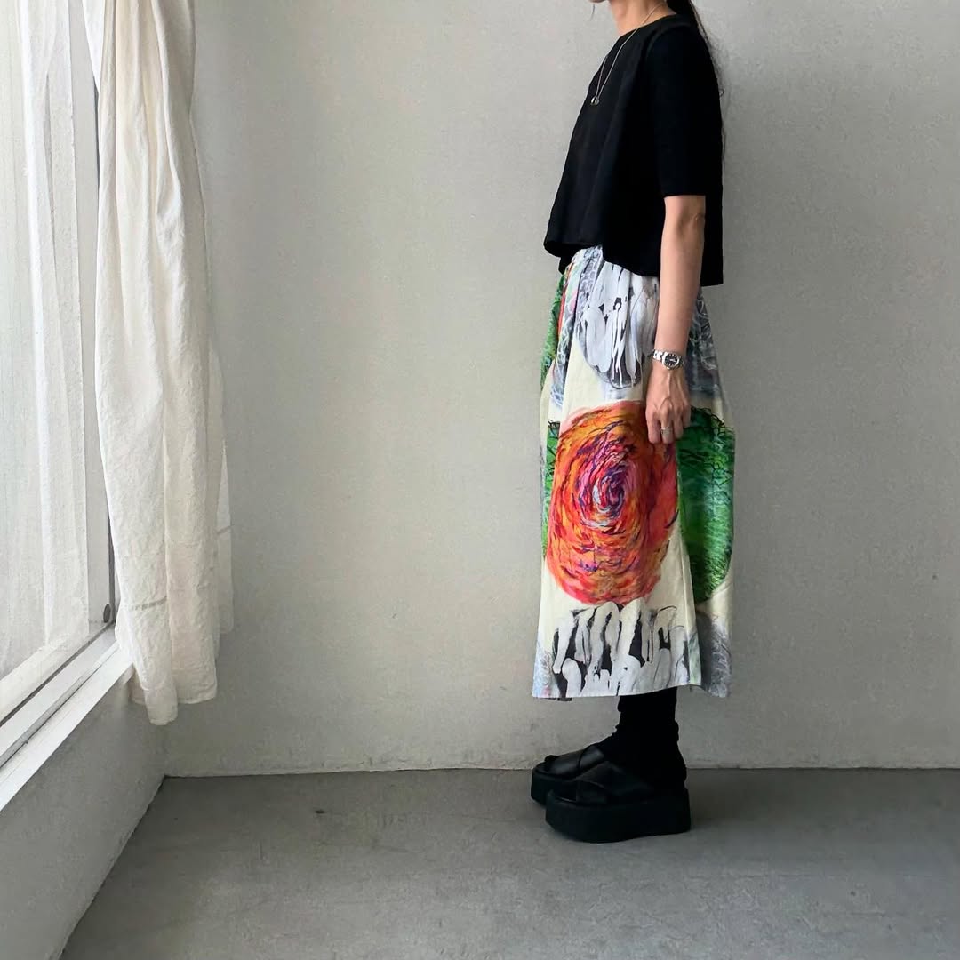 ayanoguchiaya アートワークプリントタックワイドスカート