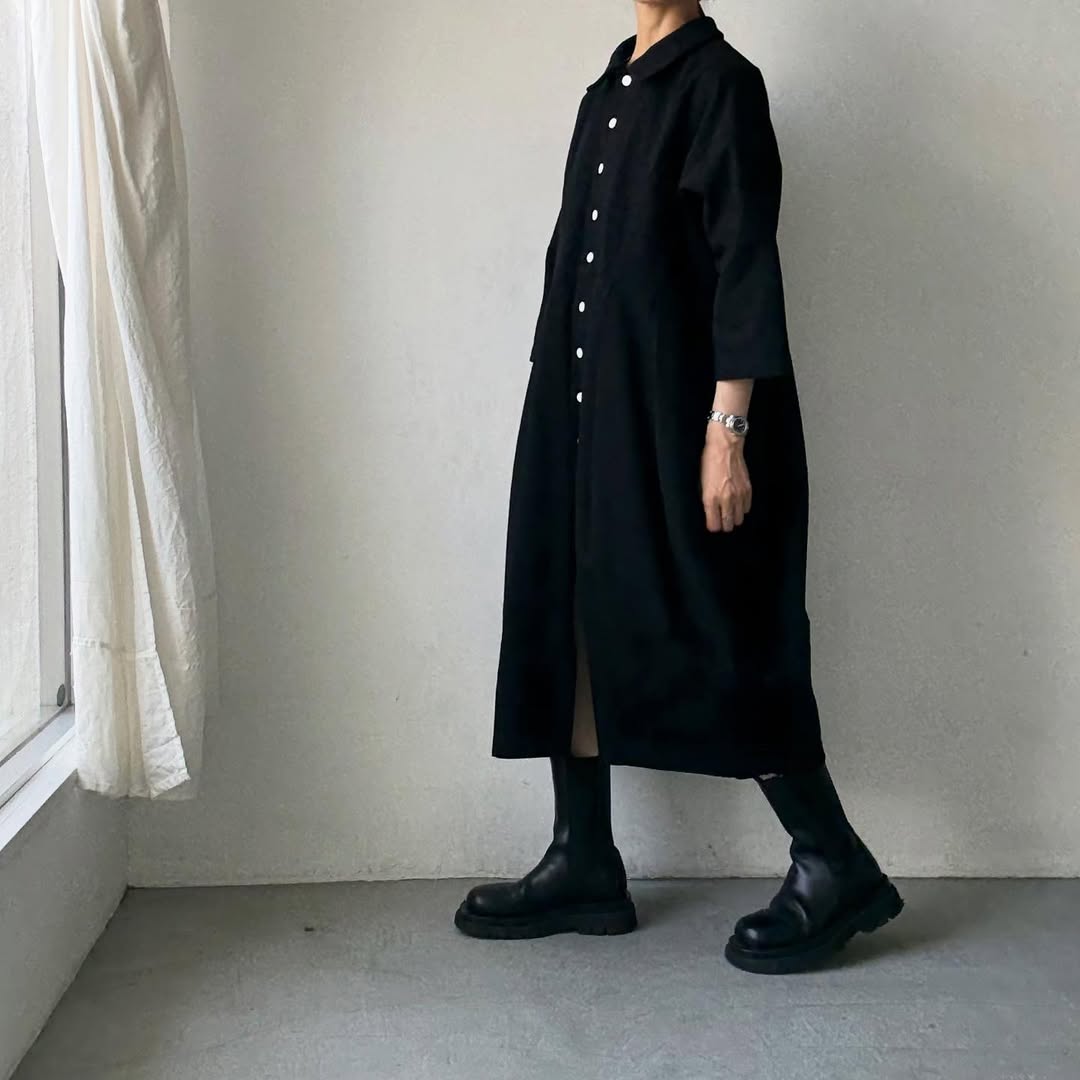 ayanoguchiaya ダブルフロントコートワンピース ブラック