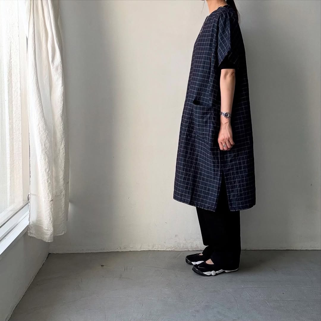 homspun コットンリネンチェックワンピース ネイビーチェック
