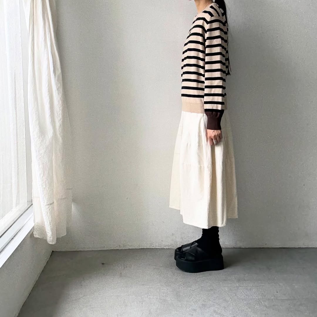 atelier naruse ウールコットンボーダーニット ベージュ×ブラウン