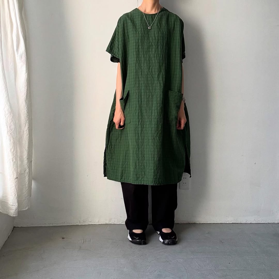 homspun コットンリネンチェックワンピース グリーンチェック