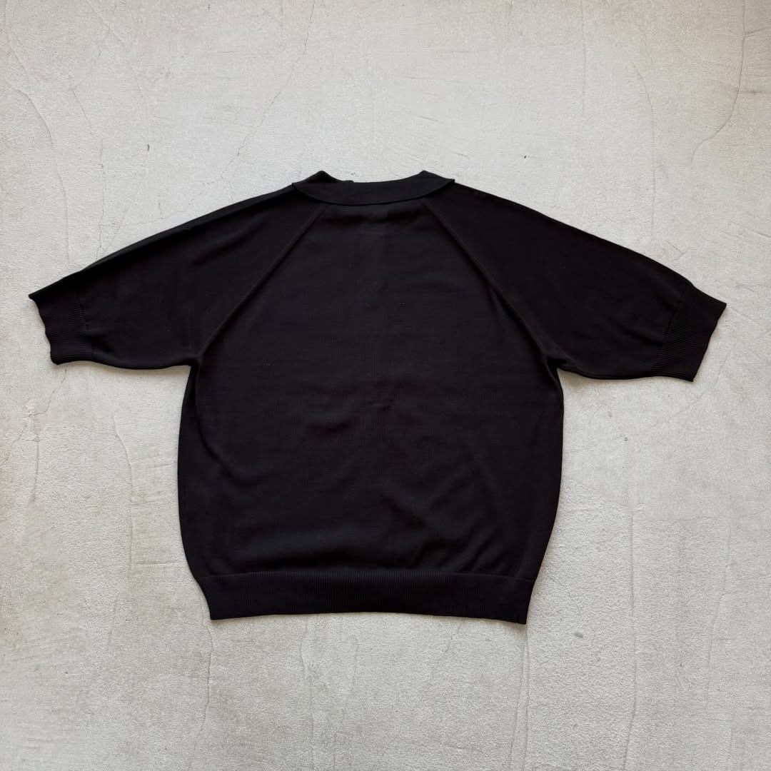 homspun ソフトコンパクトヤーン6分袖ニット襟付きカーディガン ブラック