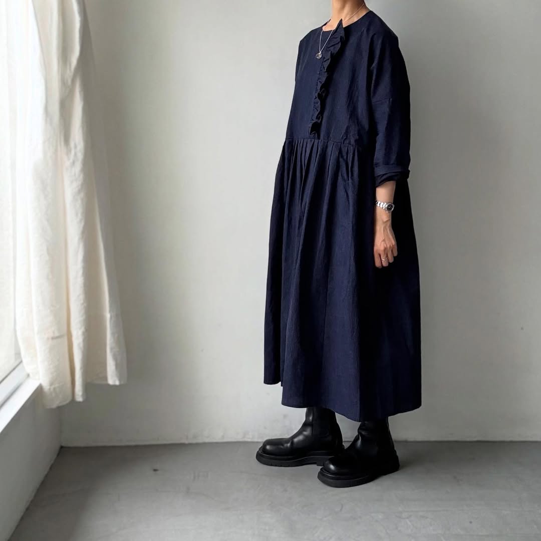 MAGALI インディゴコットンリネンフリルワンピース