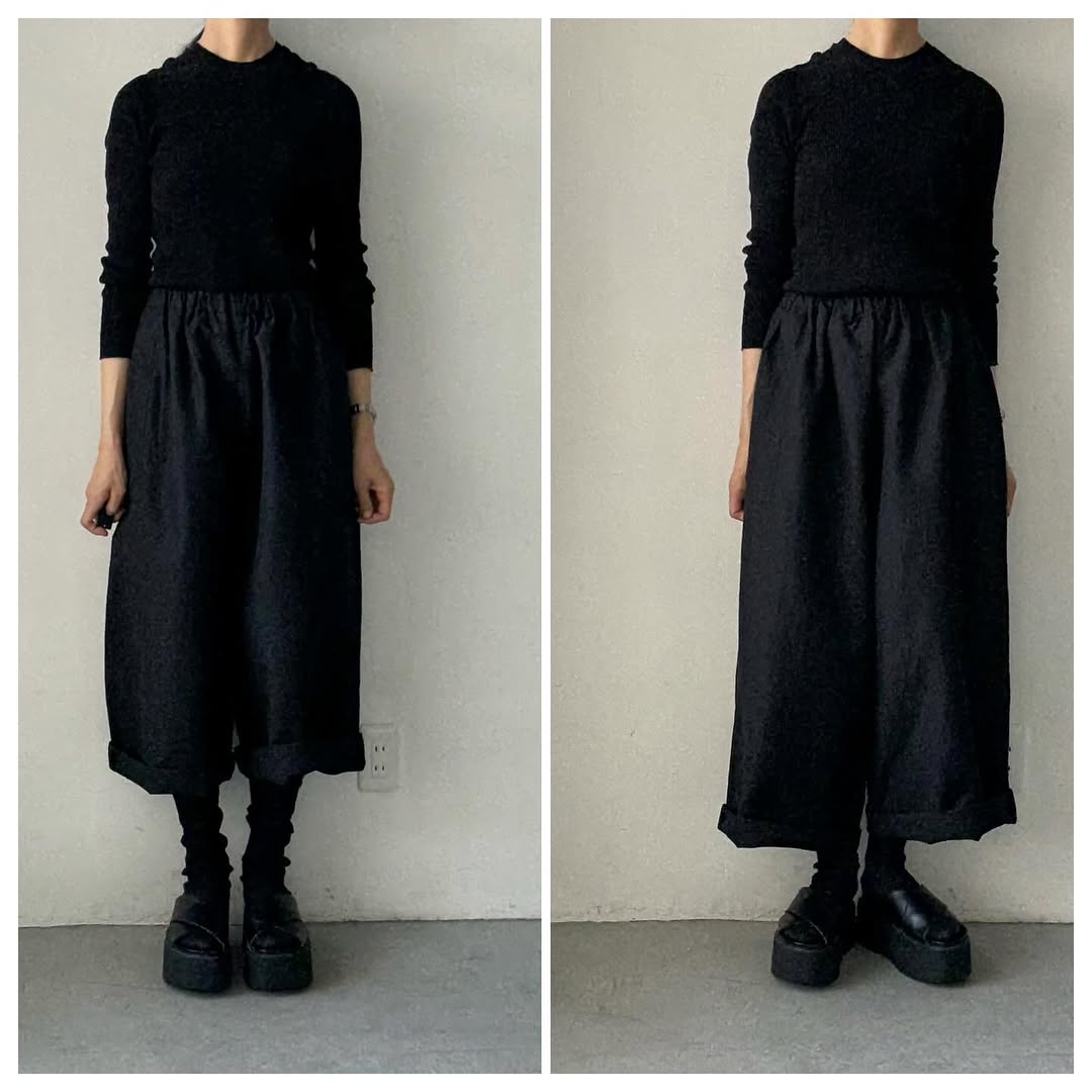 homspun ウールリネンギャザーワイドパンツ ブラック