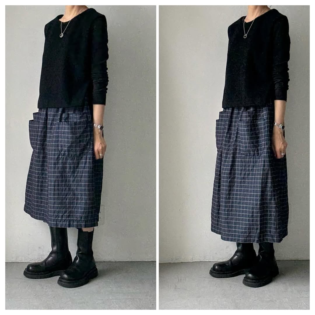 homspun コットンリネンチェックダブルポケットスカート ネイビーチェック
