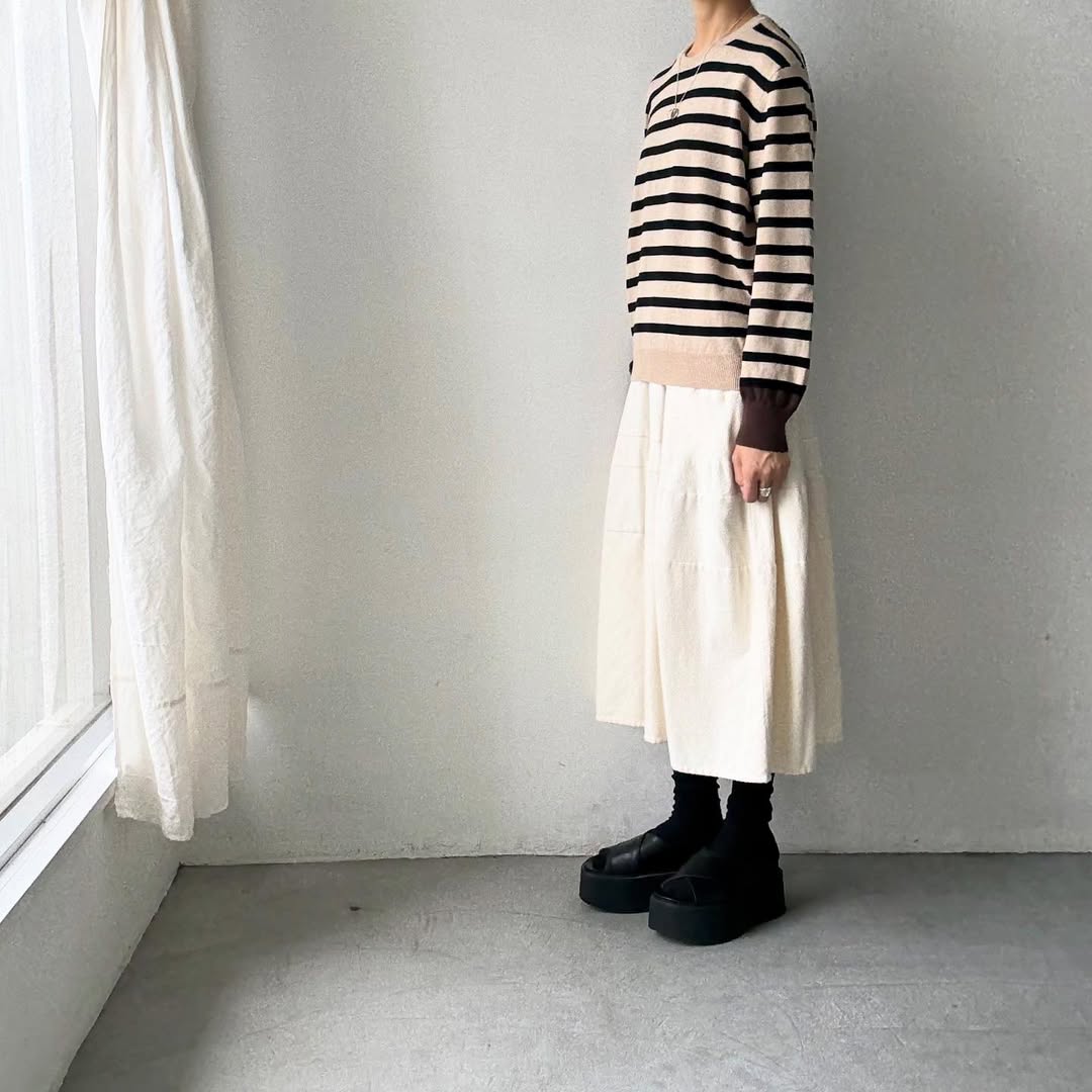 atelier naruse ウールコットンボーダーニット ベージュ×ブラウン