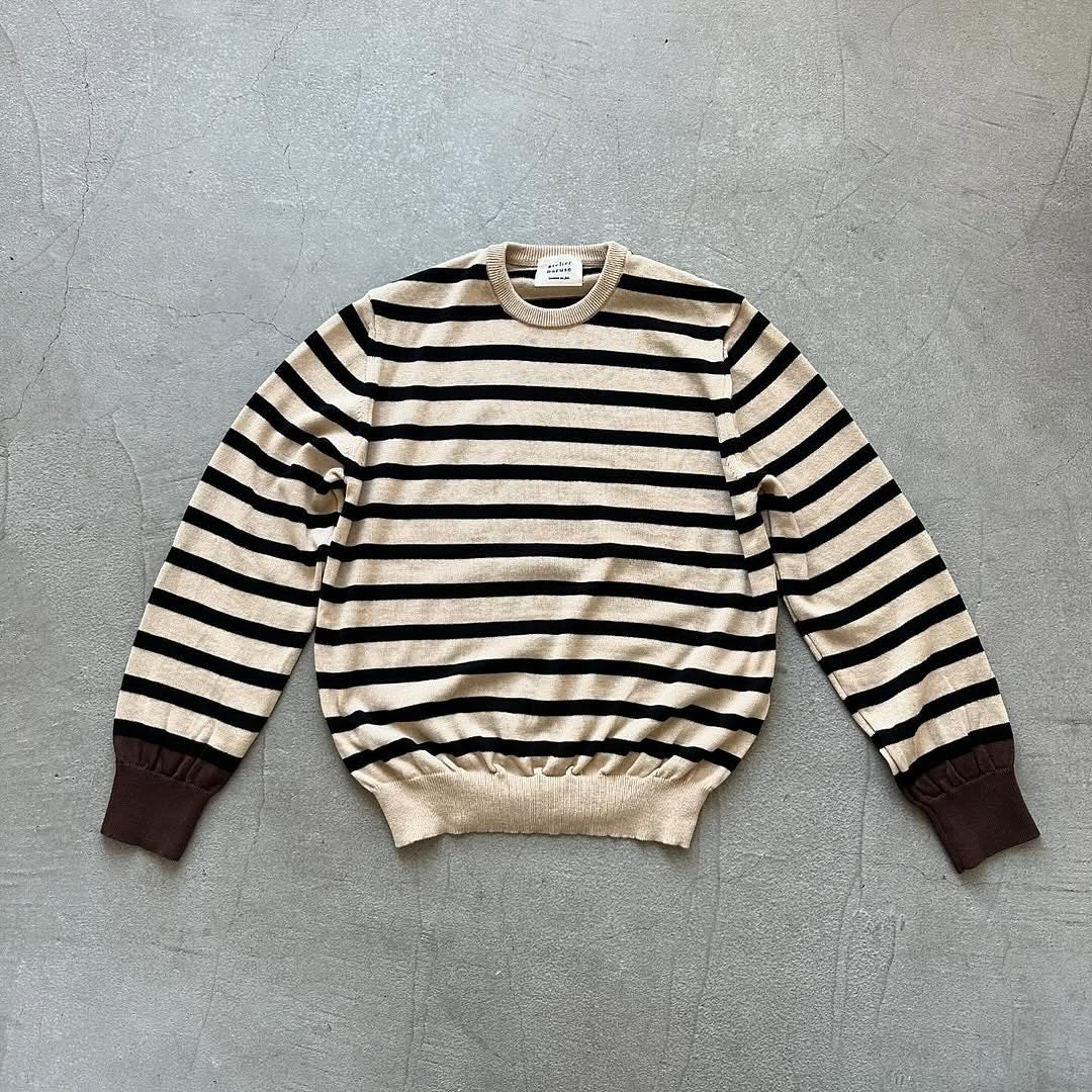 atelier naruse ウールコットンボーダーニット ベージュ×ブラウン