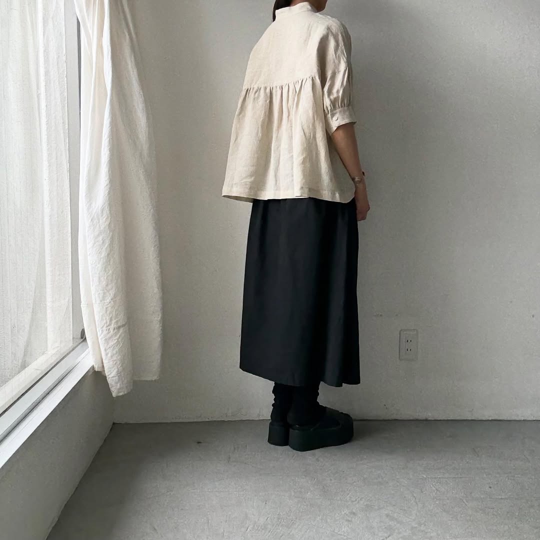 Linenya リネン半袖スタンドカラーブラウス アイボリー