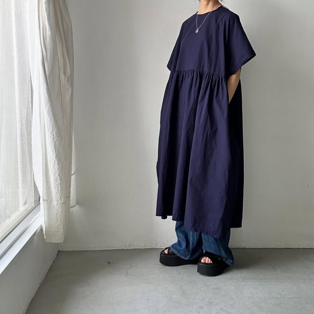 homspun コンパクトウェザービッグギャザーワンピース ネイビー