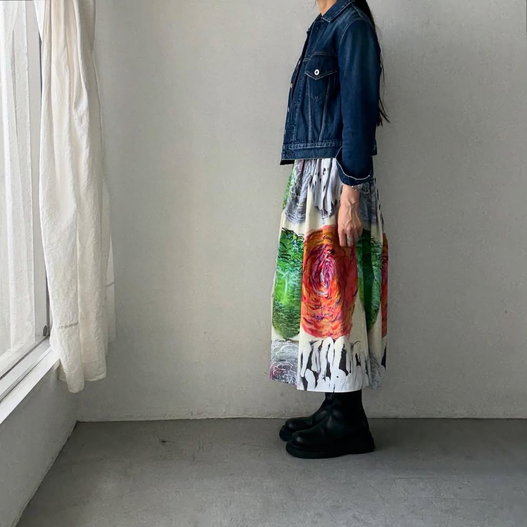 ayanoguchiaya アートワークプリントタックワイドスカート