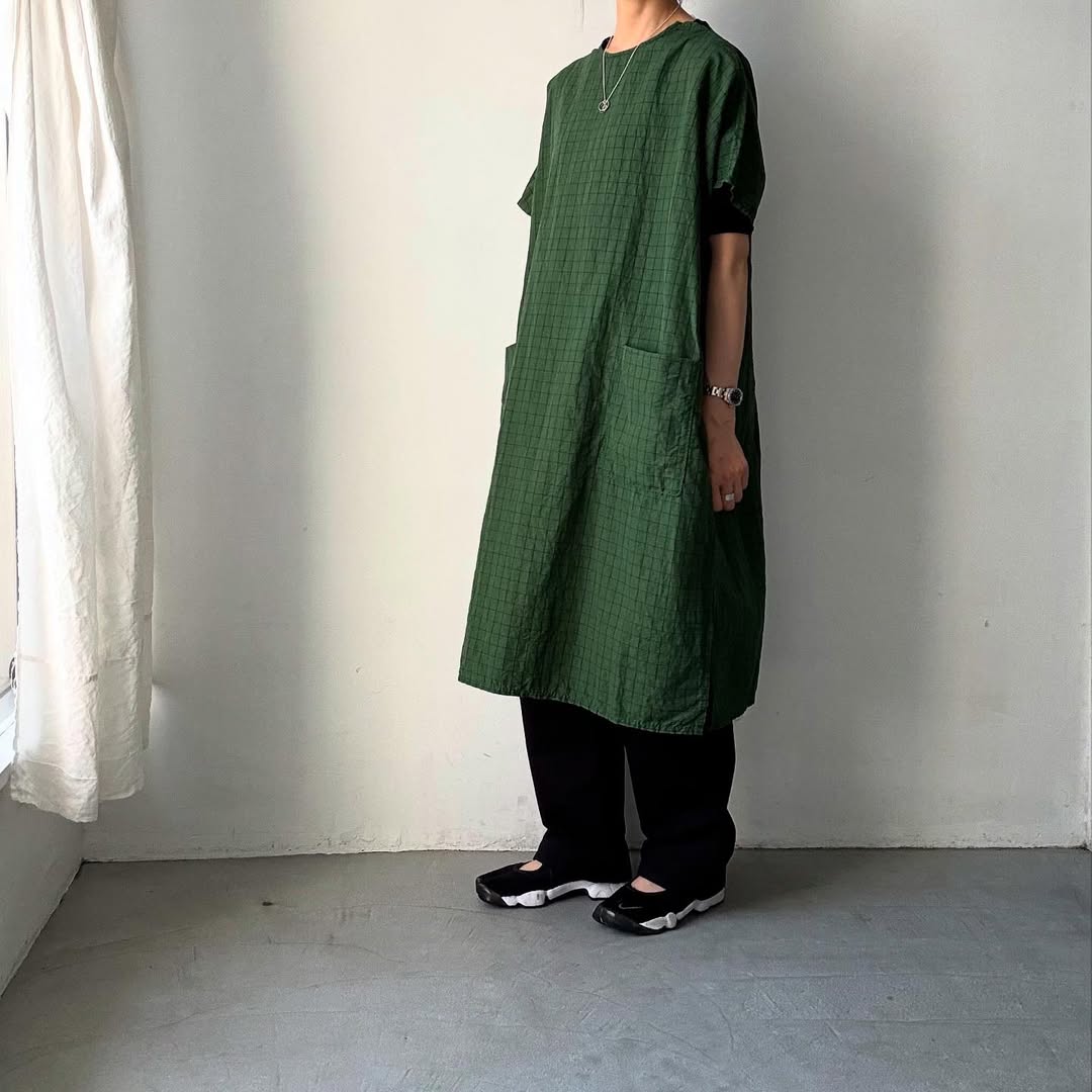 homspun コットンリネンチェックワンピース グリーンチェック