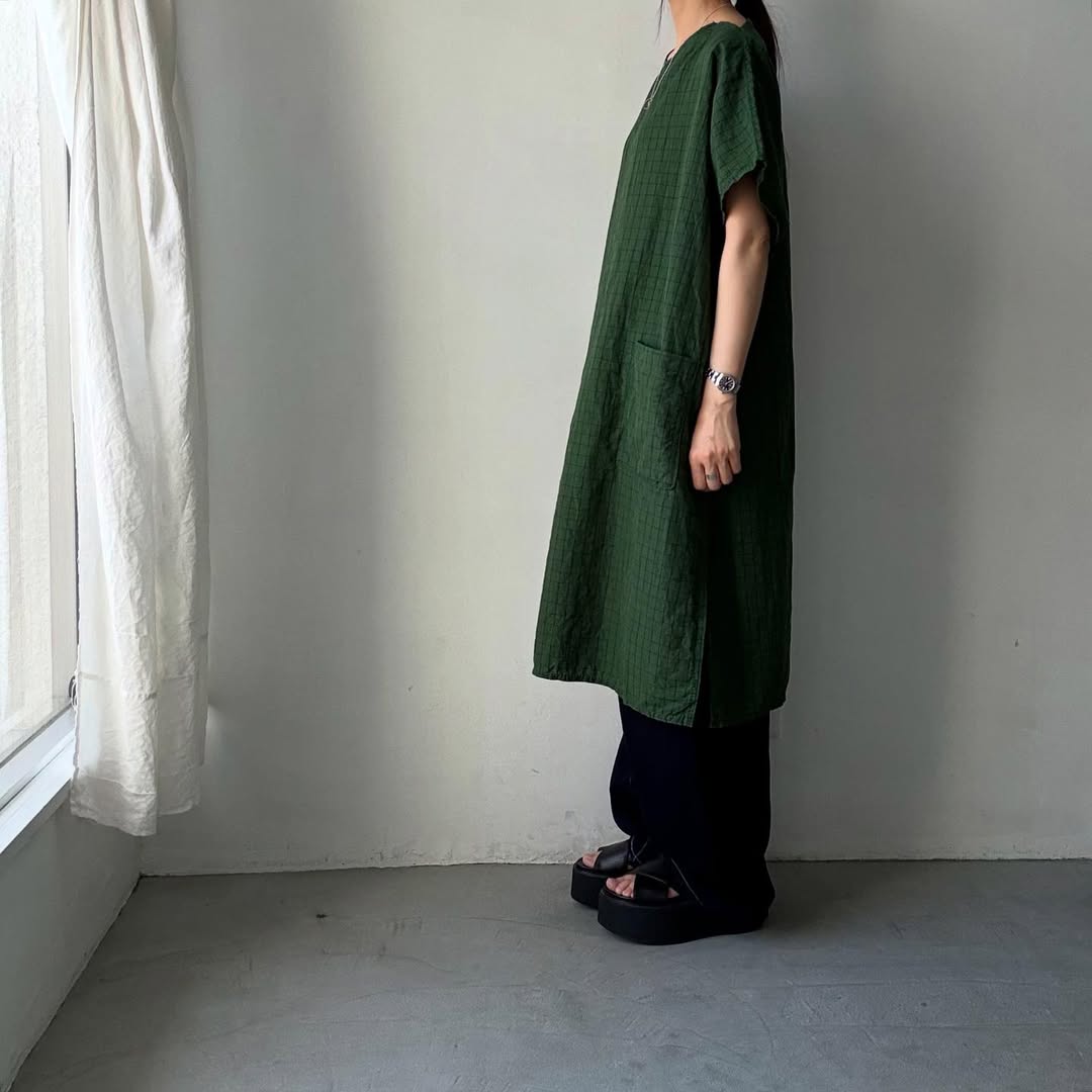 homspun コットンリネンチェックワンピース グリーンチェック