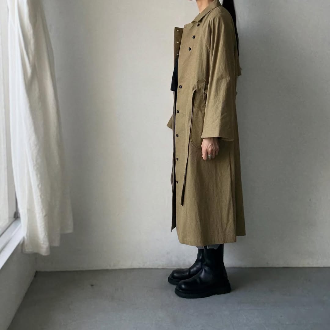 MAGALI コットンリネンアンティークキャンバストレンチコート カーキ