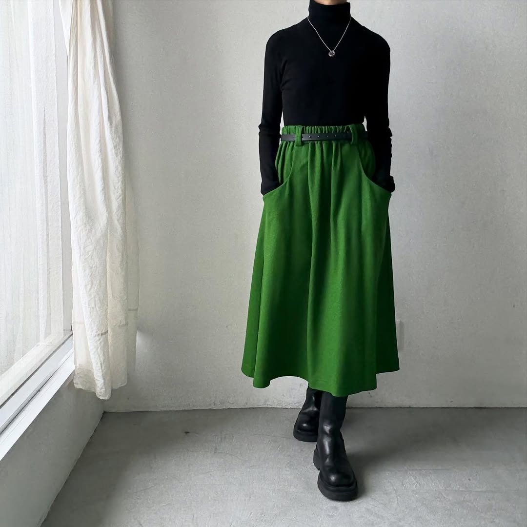atelier naruse ウールポンチギャザースカート グリーン – blanc