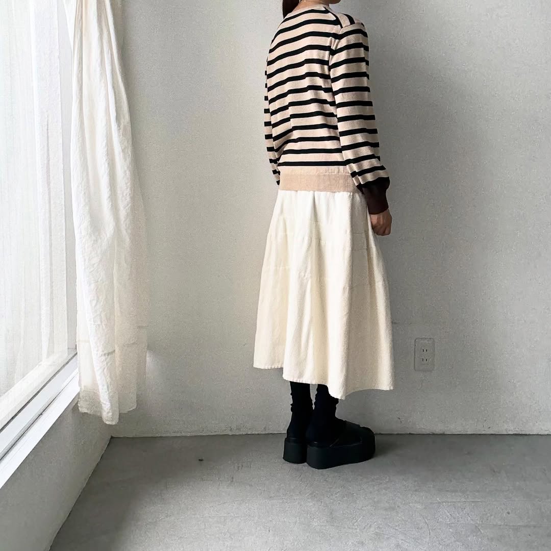 atelier naruse ウールコットンボーダーニット ベージュ×ブラウン