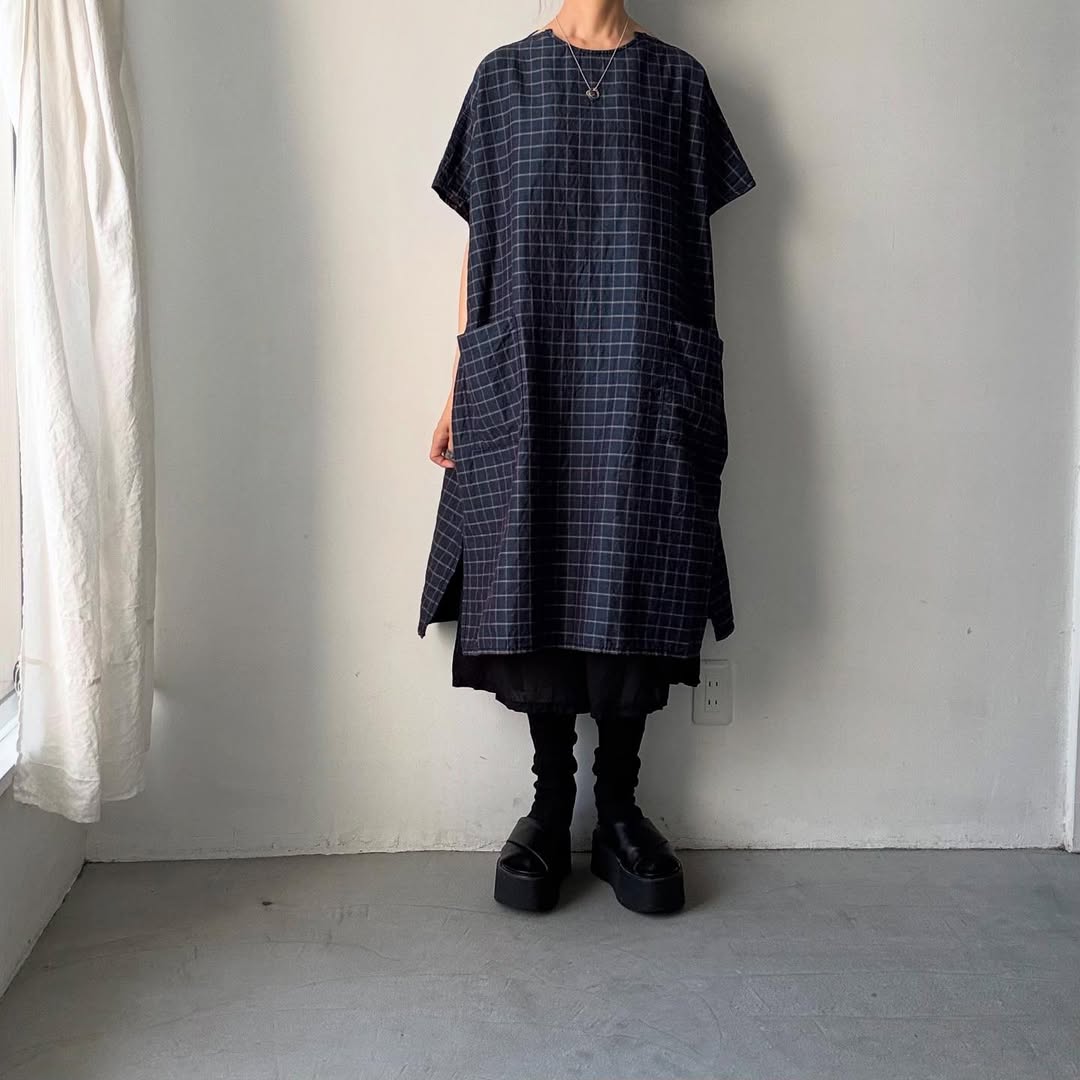 homspun コットンリネンチェックワンピース ネイビーチェック
