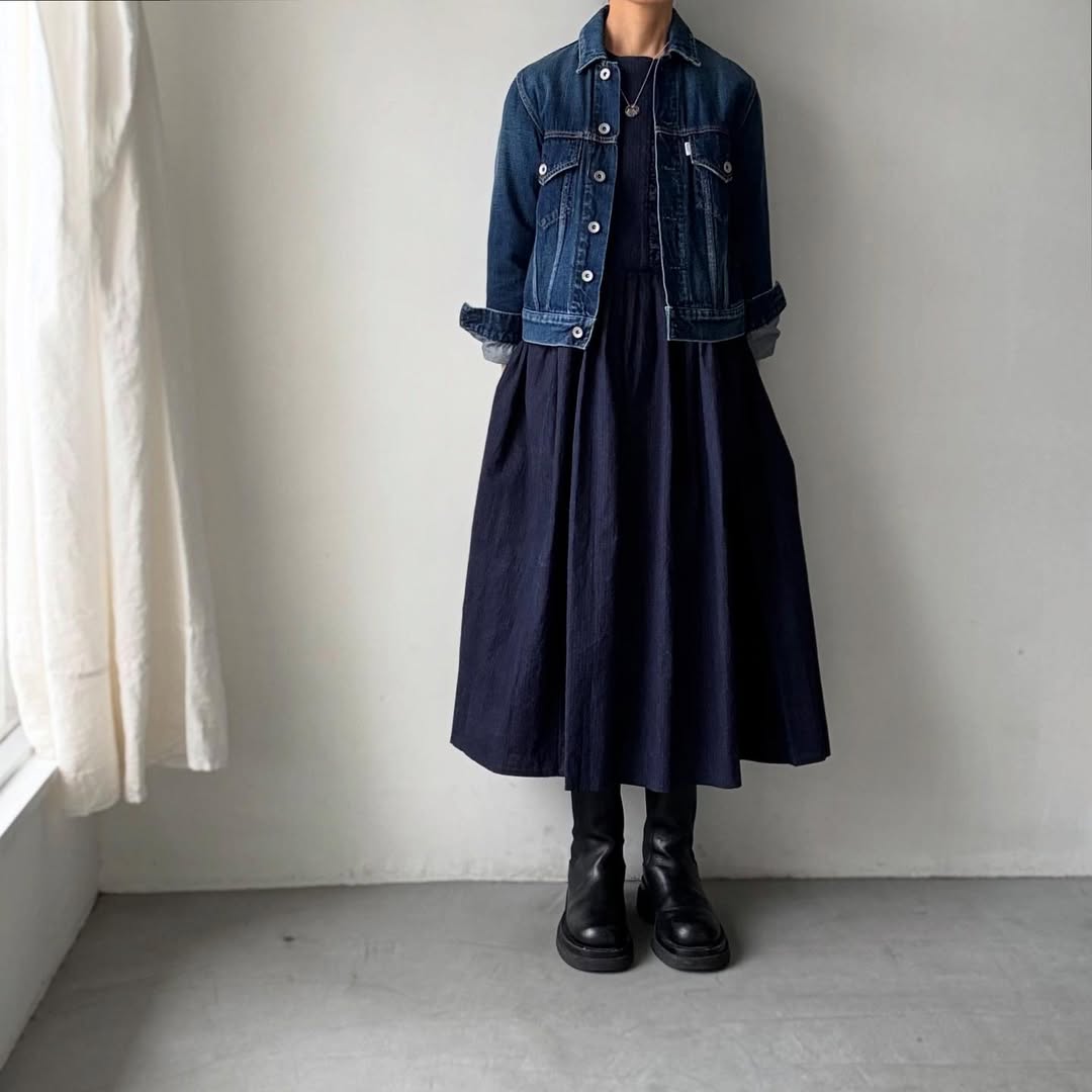 MAGALI インディゴコットンリネンフリルワンピース