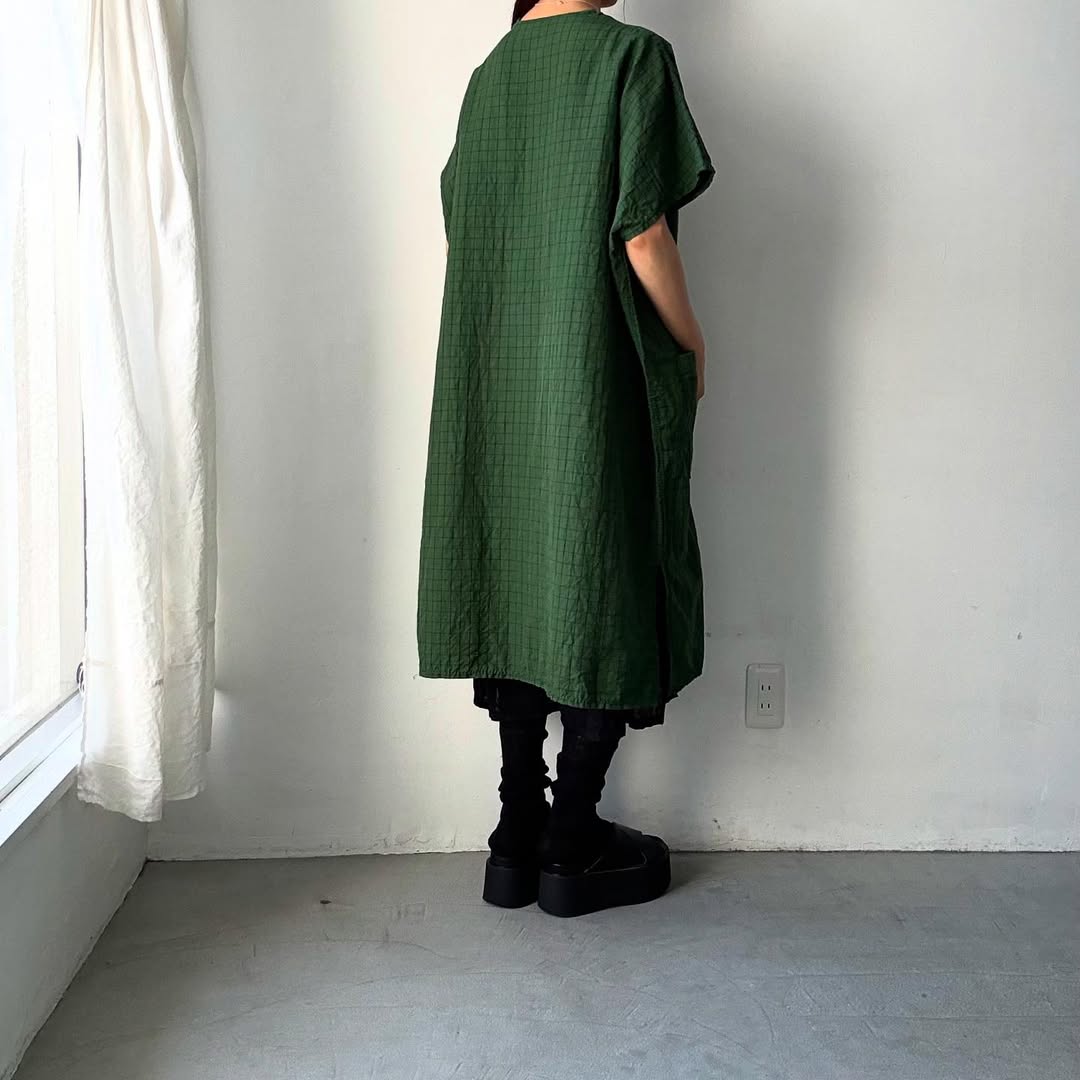 homspun コットンリネンチェックワンピース グリーンチェック