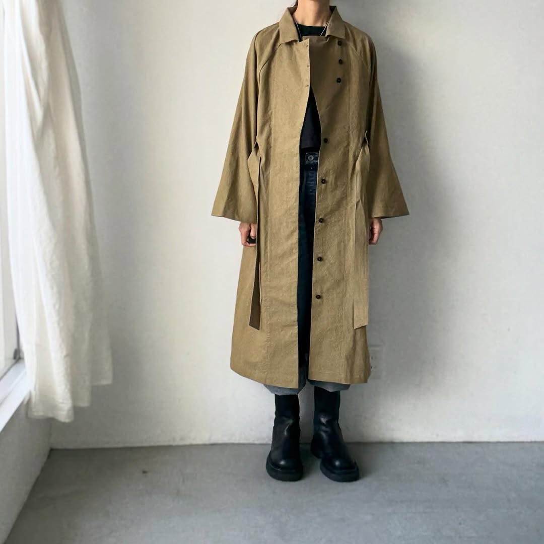 MAGALI コットンリネンアンティークキャンバストレンチコート カーキ