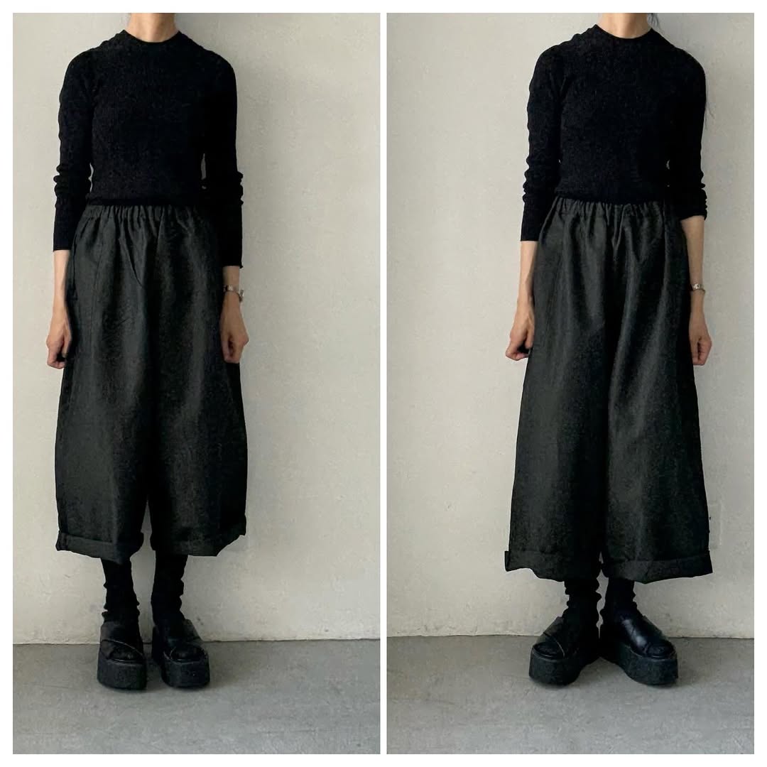 homspun ウールリネンギャザーワイドパンツ ダークグリーン