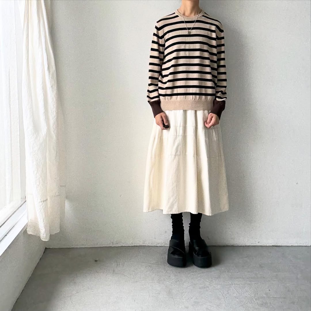 atelier naruse ウールコットンボーダーニット ベージュ×ブラウン