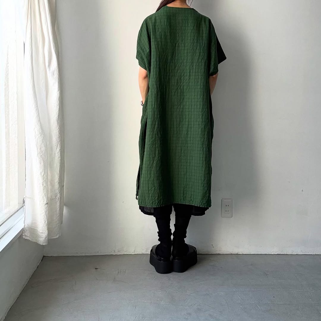 homspun コットンリネンチェックワンピース グリーンチェック
