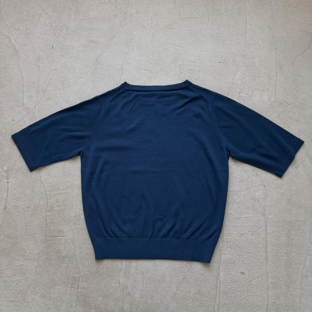 homspun ソフトコンパクトヤーン5分袖ニットプルオーバー アイアンブルー