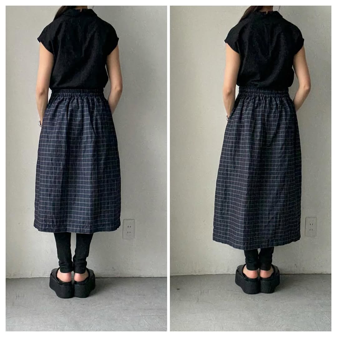 homspun コットンリネンチェックダブルポケットスカート ネイビーチェック