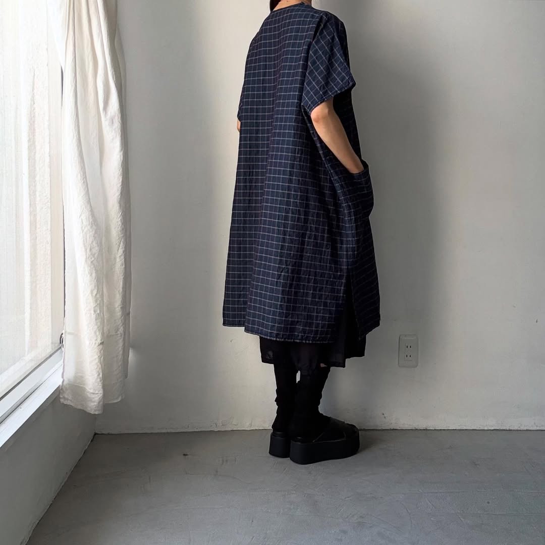 homspun コットンリネンチェックワンピース ネイビーチェック