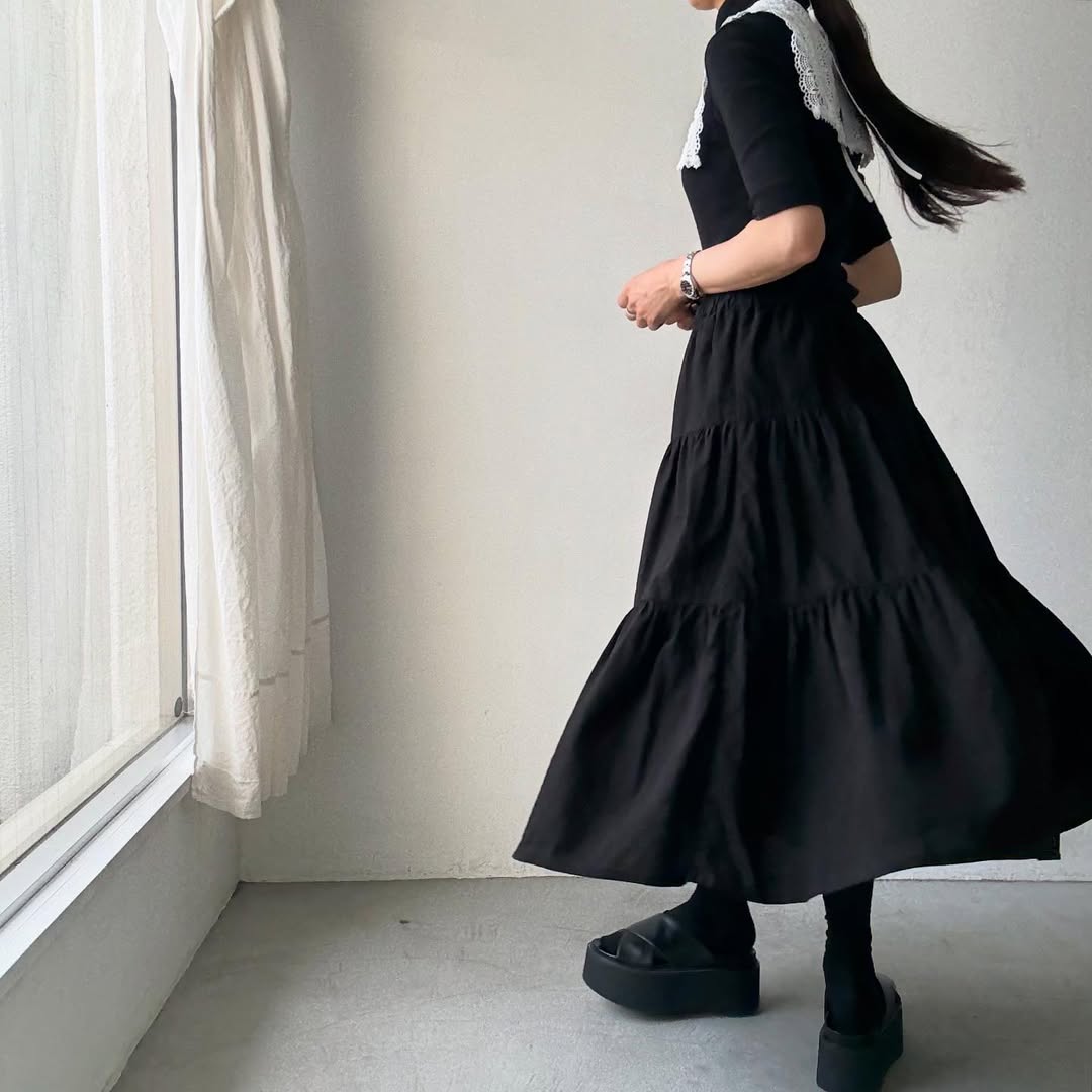 R&D.M.Co リネンコットンティアードスカート ブラック
