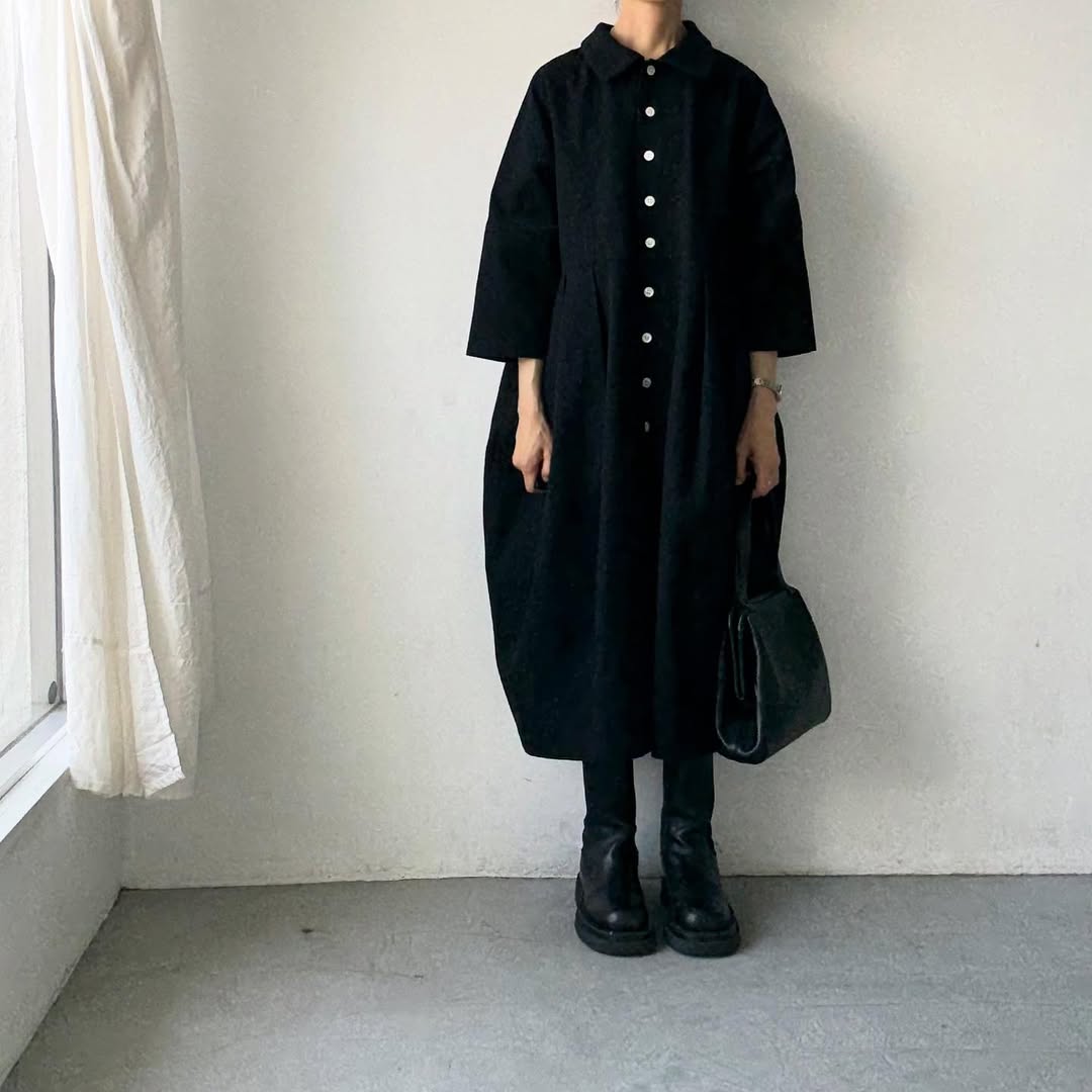 ayanoguchiaya ダブルフロントコートワンピース ブラック