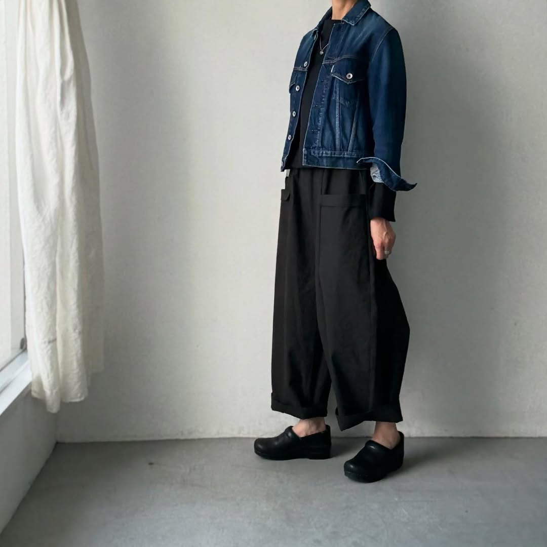 MAGALI コットンリネンアンティークキャンバスフラップパンツ ブラック