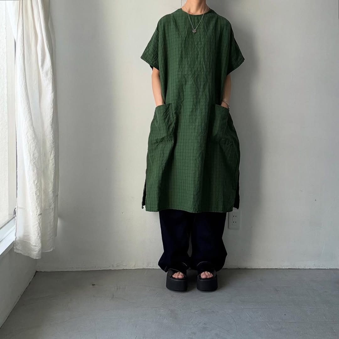 homspun コットンリネンチェックワンピース グリーンチェック