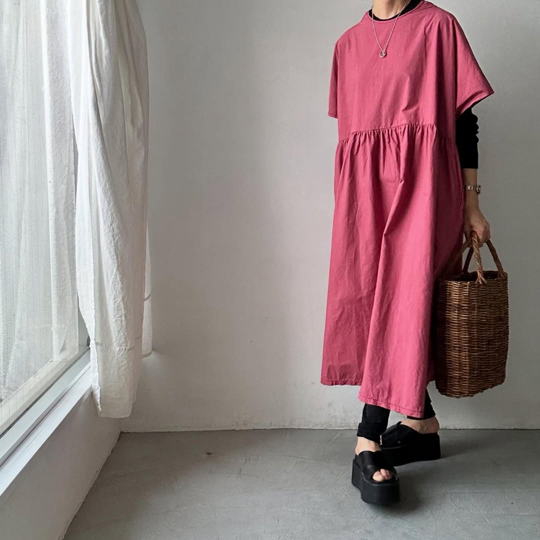 homspun コンパクトウェザービッグギャザーワンピース ピンク