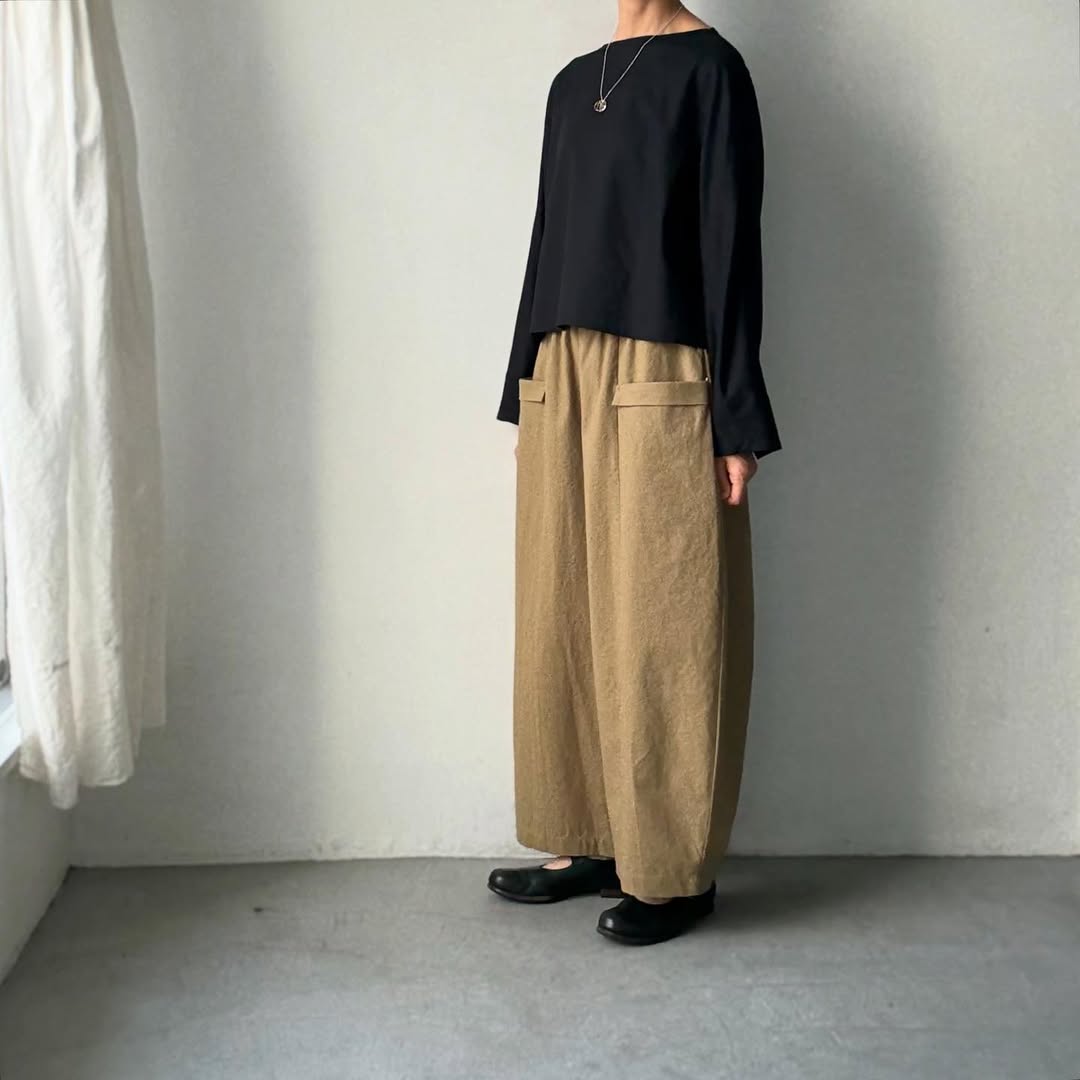 MAGALI コットンリネンアンティークキャンバスフラップパンツ カーキ