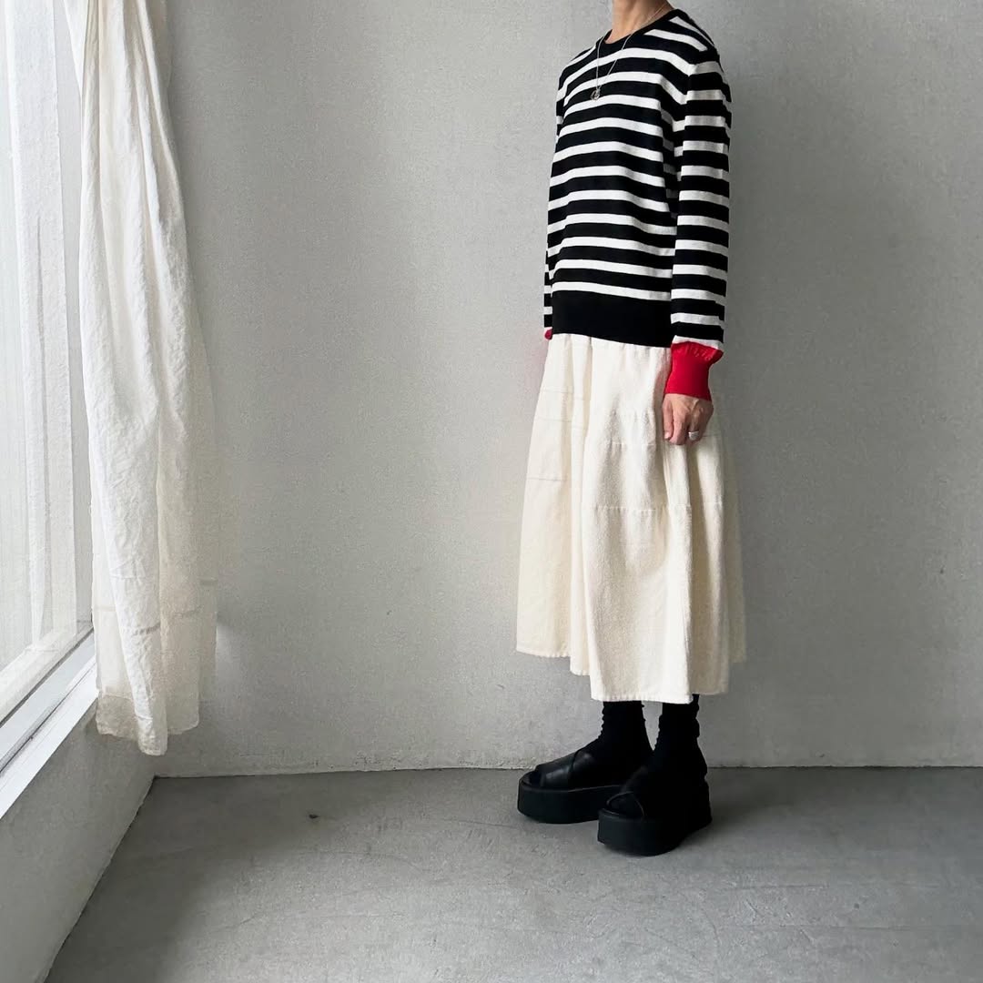 atelier naruse ウールコットンボーダーニット ブラック×レッド