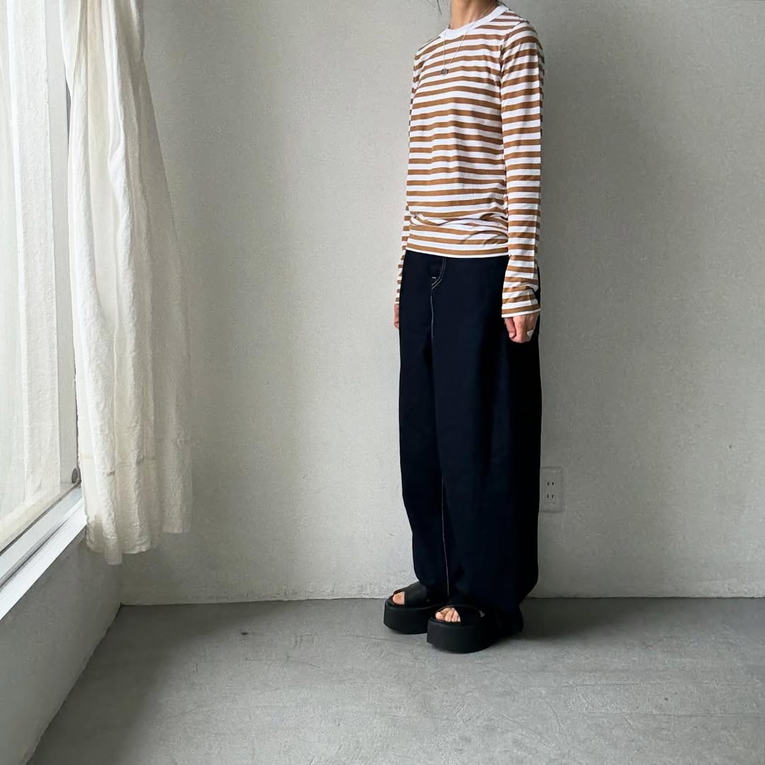 R&D.M.Co ガーゼボーダー長袖Tシャツ カフェオレ Mサイズ