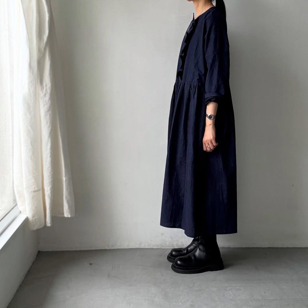 MAGALI インディゴコットンリネンフリルワンピース