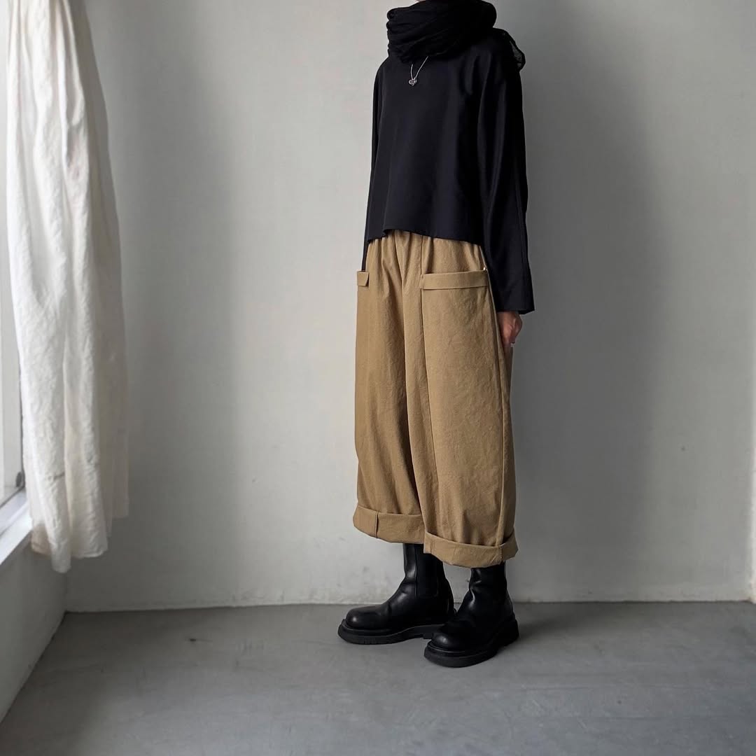 MAGALI コットンリネンアンティークキャンバスフラップパンツ カーキ
