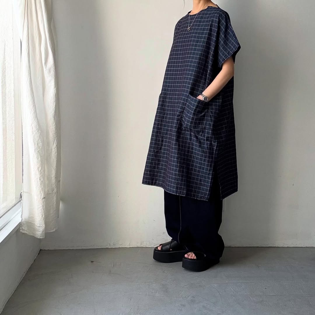 homspun コットンリネンチェックワンピース ネイビーチェック