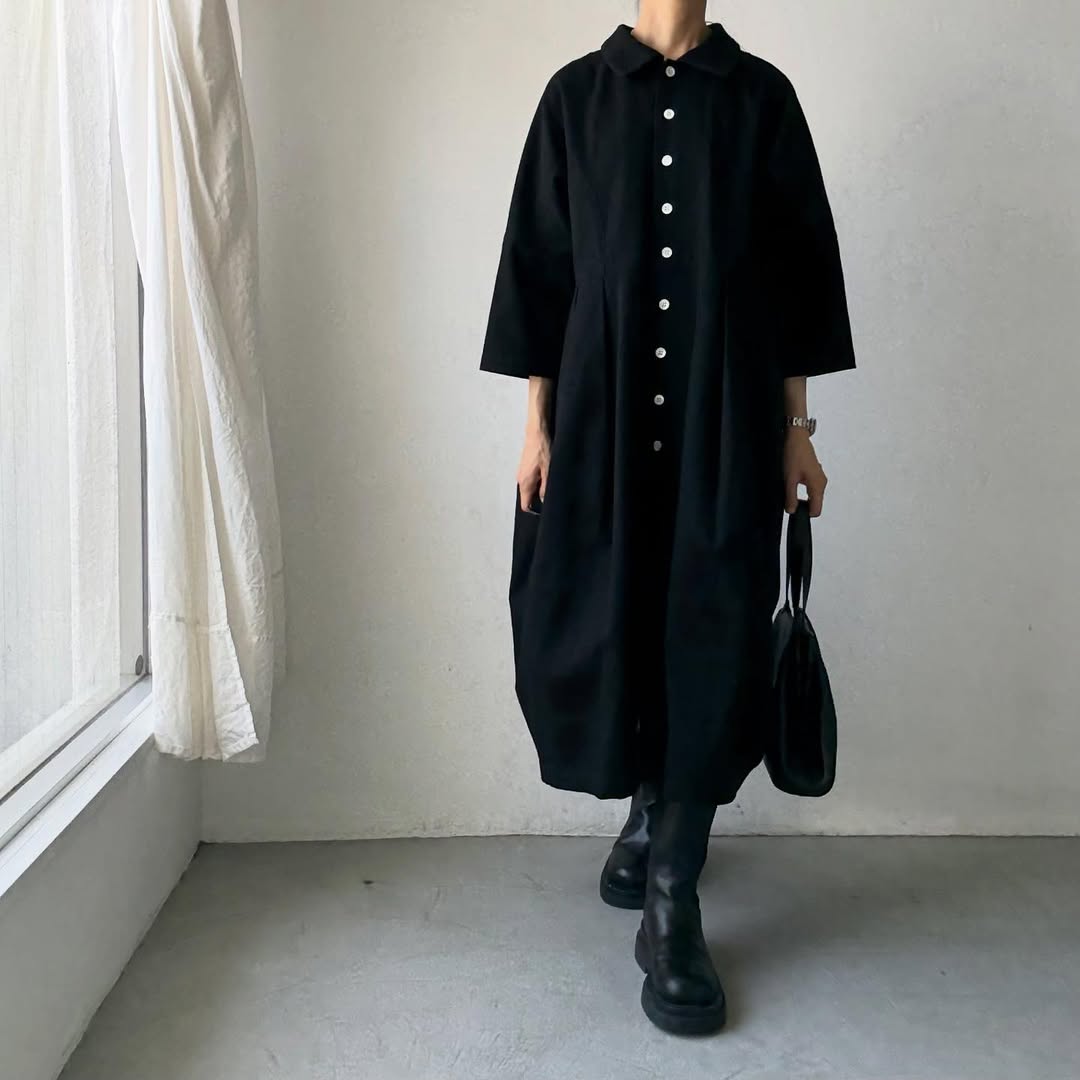 ayanoguchiaya ダブルフロントコートワンピース ブラック