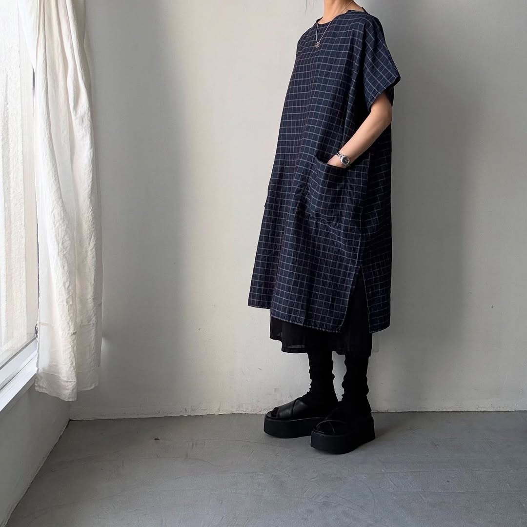 homspun コットンリネンチェックワンピース ネイビーチェック