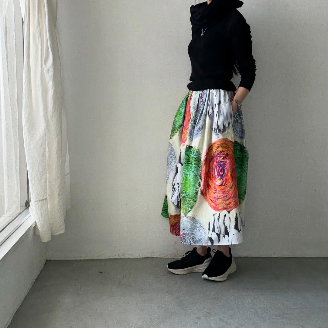 ayanoguchiaya アートワークプリントタックワイドスカート