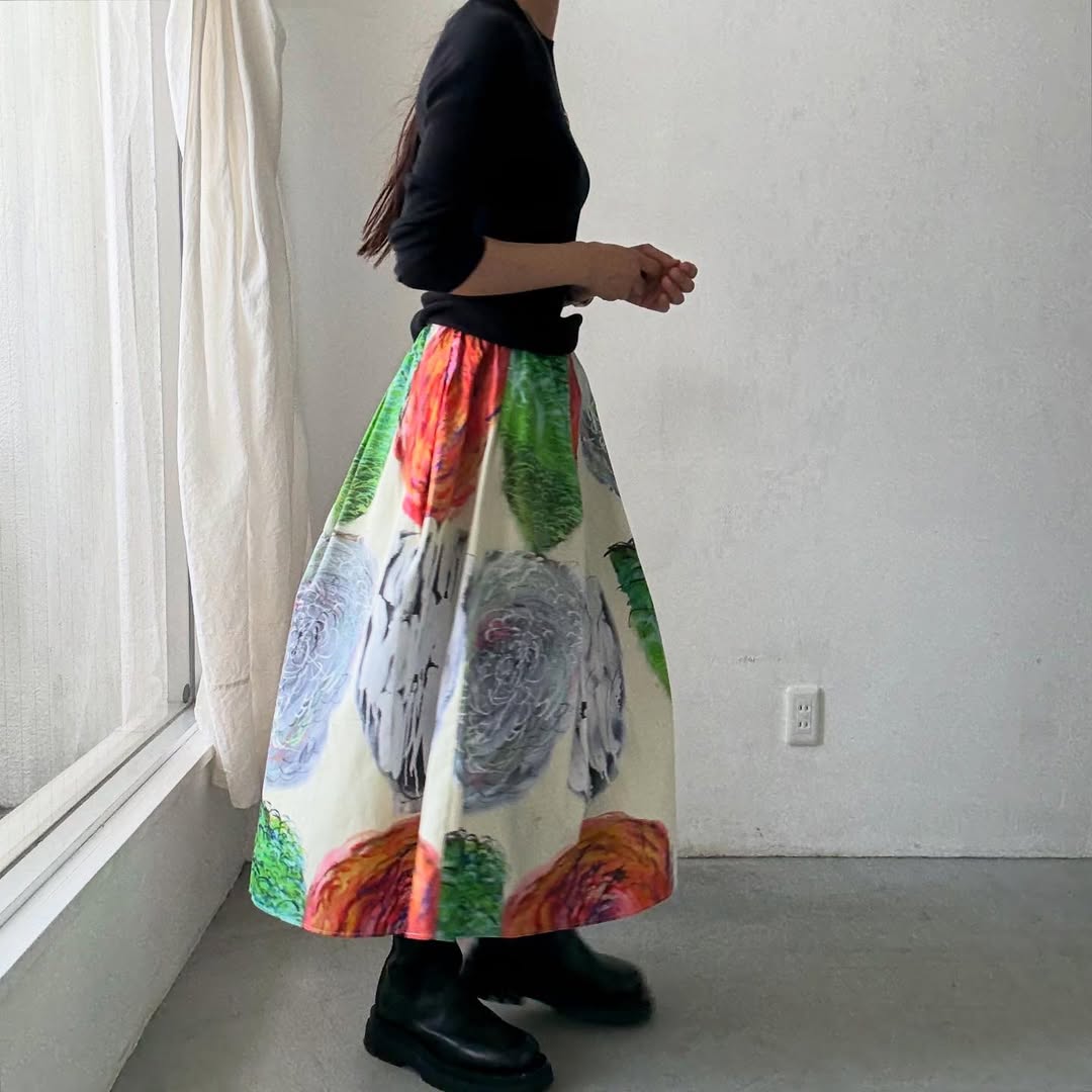 ayanoguchiaya アートワークプリントタックワイドスカート