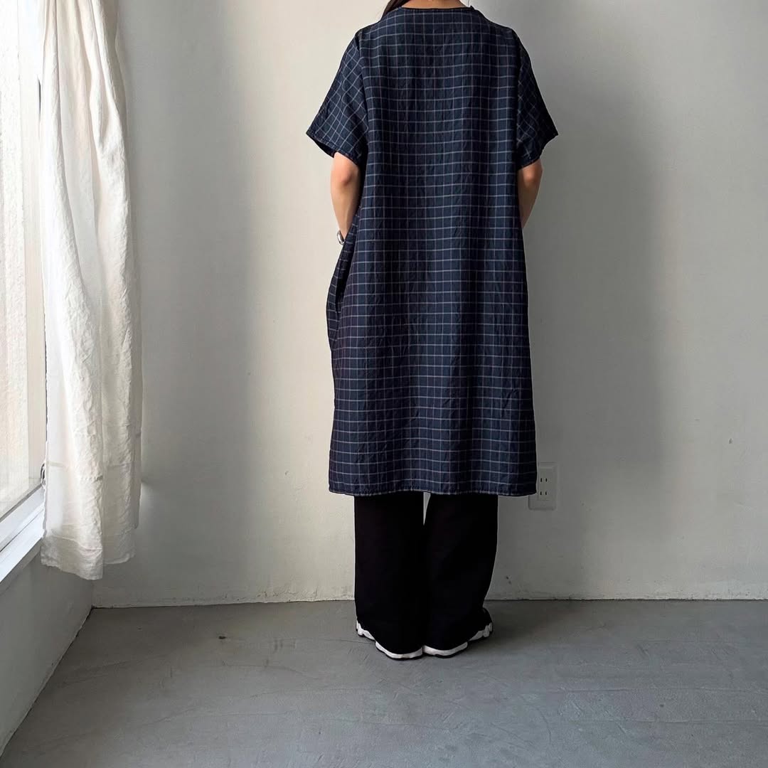 homspun コットンリネンチェックワンピース ネイビーチェック