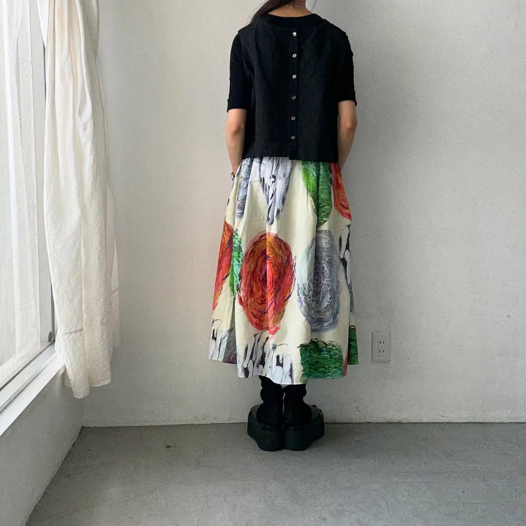 ayanoguchiaya アートワークプリントタックワイドスカート