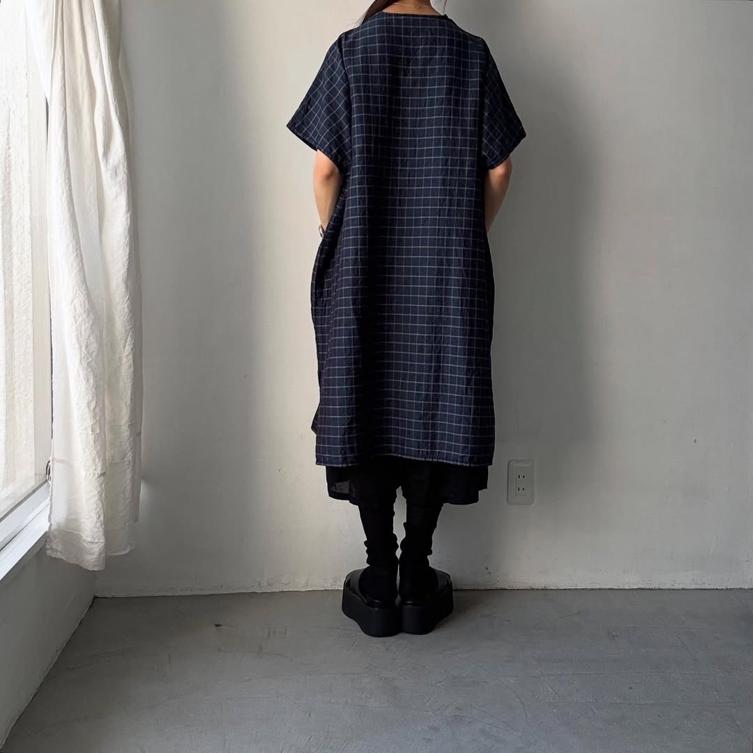 homspun コットンリネンチェックワンピース ネイビーチェック
